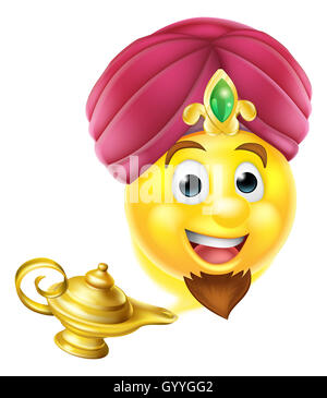 Cartoon emoticon emoji genie like in the story of Aladdin coming out of a magic lamp Stock Photo