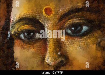 closeup detail of hindu woman eyes with sacred symbol, illustration. Stock Photo