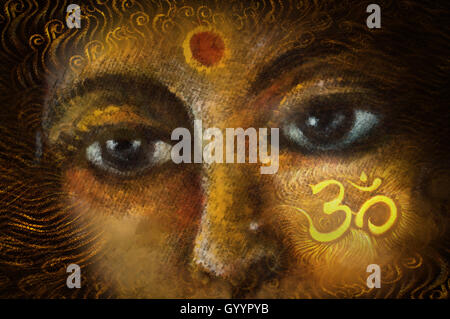 closeup detail of hindu woman eyes with sacred symbol, illustration. Stock Photo