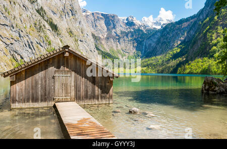 Boathouse in the lake, Obersee, Salet on lake Königssee, National Park Berchtesgaden, Berchtesgadener Land district Stock Photo