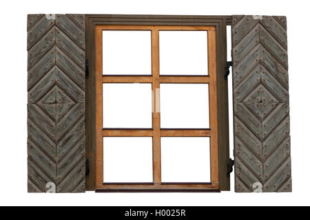 Wooden window with shutters isolated exterior side Stock Photo