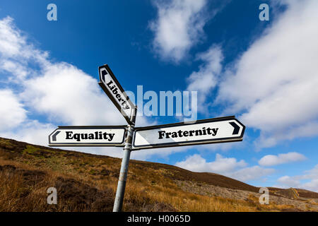 Liberty equality fraternity The motto of the French Republic concept road sign Liberté Equalité Fraternité concepts signs Stock Photo