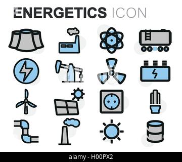 Vector flat line energetics icons set on white background Stock Vector