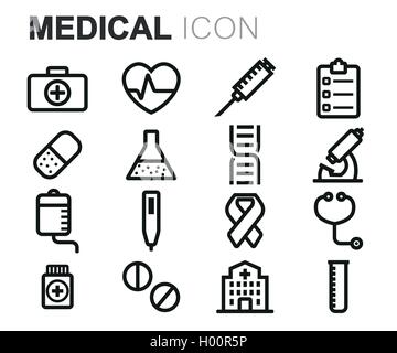 Set of black and white medical icons including a syringe, nurse ...