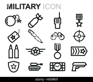 Vector black line military icons set on white background Stock Vector