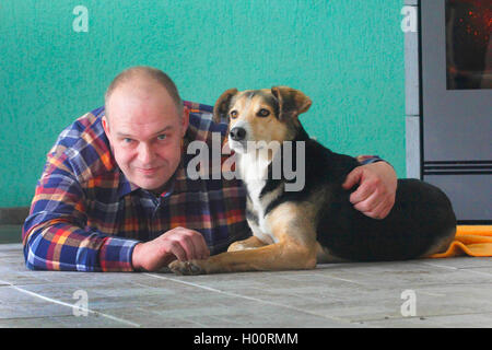 mixed breed dog (Canis lupus f. familiaris), Podenco-mixed breed dog lying together with its master in the living room on the ground, Germany Stock Photo