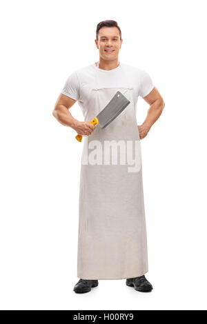Joyful butcher holding a cleaver isolated on white background Stock Photo