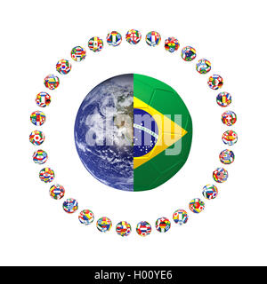 3D render of group of footballs around the earth and brazilian background, representing the world cup in Brazil in 2014. Element Stock Photo