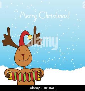 Christmas reindeer playing the accordion on the snowfall background Stock Vector