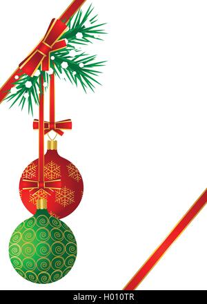 Red and green balls decorated with golden patterns hang on the Christmas tree Stock Vector
