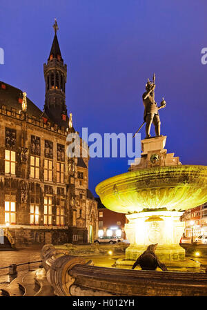 Charlemagne fountain in front of the town hall in the evening, Germany, North Rhine-Westphalia, Aix-la-Chapelle Stock Photo