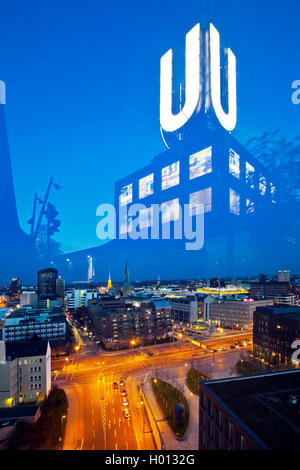 Dortmund U-Tower mirroring an a window, view to the city center, Germany, North Rhine-Westphalia, Ruhr Area, Dortmund Stock Photo