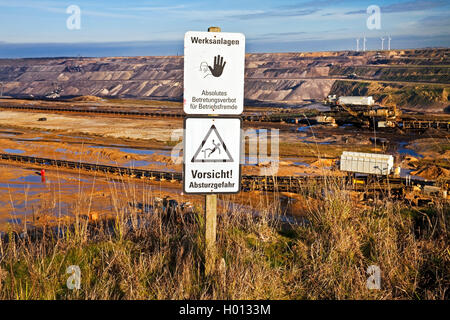 warning sign in front of Garzweiler II brown coal surface mining, Germany, North Rhine-Westphalia, Garzweiler Stock Photo