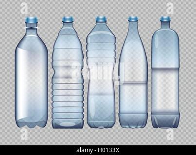 Vector set of blue transparent plastic bottle for juice and water mockup ready for your design Stock Vector