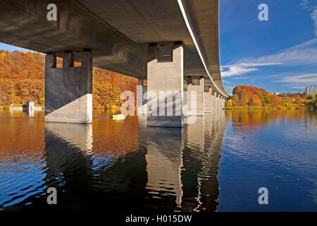 motorway bridge of the A46 over Seilersee in autumn, Germany, North Rhine-Westphalia, Sauerland, Iserlohn Stock Photo