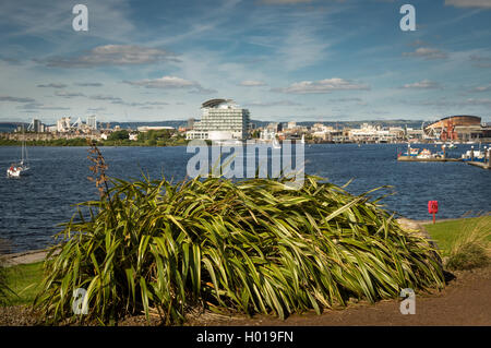 A wide angled shot of Cardiff Bay from the barrage showing St. Davids Hotel as well as the WMC Welsh Millennium Center Stock Photo