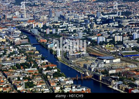 Oberbaum bridge over river Spree, view in direction of Berlin-Mitte, with Berlin TV Tower, 20.06.2016, aerial view, Germany, Berlin Stock Photo