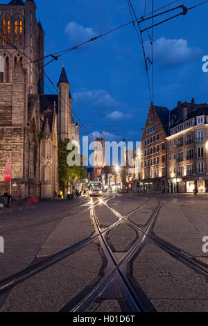 cathedral niklaaskerk in the old belgium town of ghent with tram rails in foreground