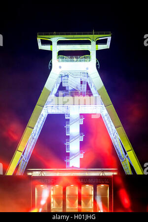 laser show at the pit frame of Deutsches Bergbau-Museum Bochum, the night of industrial culture, Extraschicht, Germany, North Rhine-Westphalia, Ruhr Area, Bochum Stock Photo