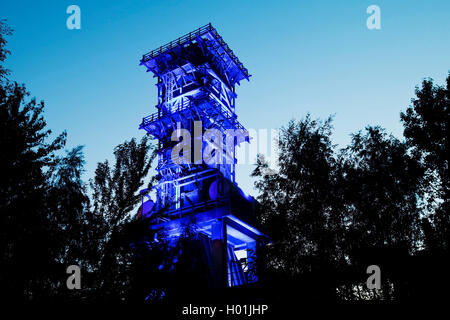 illuminated cooling tower of coking plant Hansa in the evening, Extraschicht, Germany, North Rhine-Westphalia, Ruhr Area, Dortmund Stock Photo