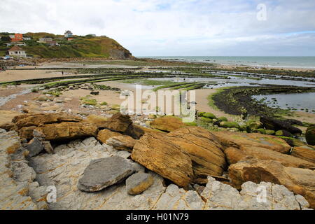 Cap Gris Nez, the beach at low tide with colourful rocks, Cote d'Opale, Pas-de-Calais, France Stock Photo