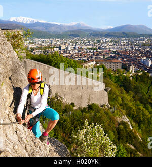 climber at Via ferrata Les prises de la Bastille, France, Grenoble Stock Photo