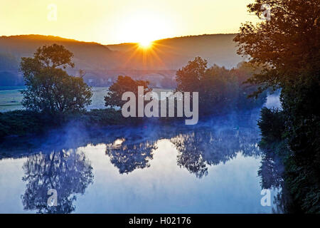 river Ruhr and morning fog at sunrise, Germany, North Rhine-Westphalia, Ruhr Area, Witten Stock Photo