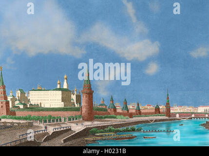 Rusia. Moscow. The Kremlin next to Moskva river. View from the stone bridge. Engraving. 19th century. Colored. Stock Photo