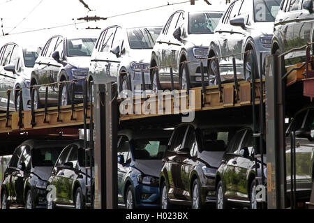 new cars on car-carrying train, Germany Stock Photo
