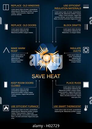 Save heat infographic , icons and methods of heat saving Stock Vector