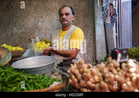 MUMBAI, INDIA - 11 JANUARY 2015: Vendor in Andheri fruit market putting lemons in bag. Stock Photo