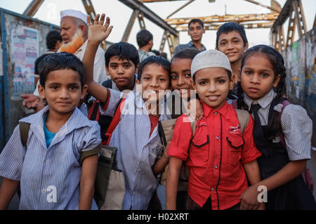 MUMBAI, INDIA - 12 JANUARY 2015: Indian children after school in Dharavi slum Stock Photo