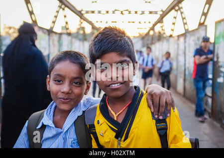 MUMBAI, INDIA - 12 JANUARY 2015: Indian school boys in Dharavi slum Stock Photo