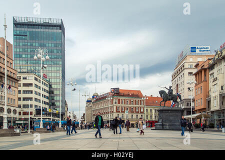 ZAGREB, CROATIA - 12 MARCH 2015: Main square with Ban Jelacic statue. Stock Photo