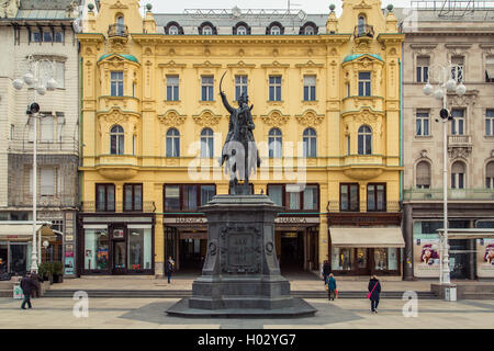 ZAGREB, CROATIA - 12 MARCH 2015: Main square with Ban Jelacic statue. Stock Photo