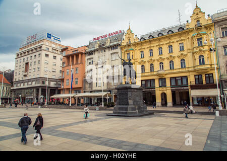 ZAGREB, CROATIA - 12 MARCH 2015: Main square with Ban Jelacic statue. Stock Photo