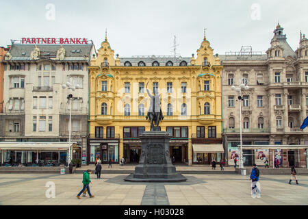 ZAGREB, CROATIA - 12 MARCH 2015: Main square with Ban Jelacic statue. Stock Photo