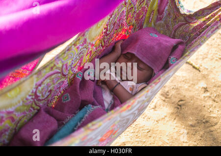 GODWAR, INDIA - 12 FEBRUARY 2015: Indian baby sleeps in makeshift crib made from blanket. Stock Photo