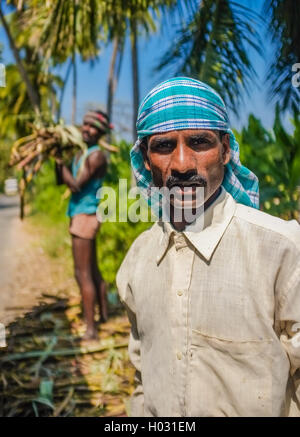 HAMPI, INDIA - 28 JANUARY 2015: Portrait of Indian worker with second worker loading sugarcane on truck Stock Photo