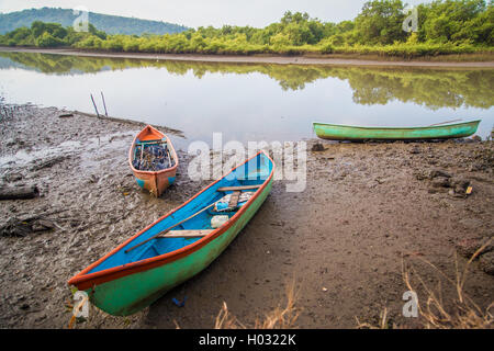 Three canoes on river bank in Goa, India Stock Photo