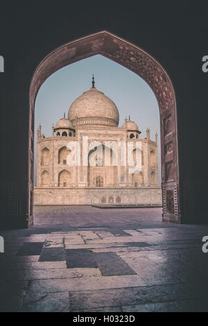 View of Taj Mahal from inside Mihman Khana. East side of Taj. Stock Photo