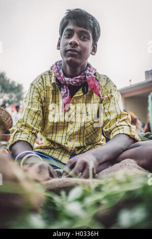 KAMALAPURAM, INDIA - 02 FABRUARY 2015: Young indian vendor sells vegetables on a market close to Hampi. Post-processed with grai Stock Photo