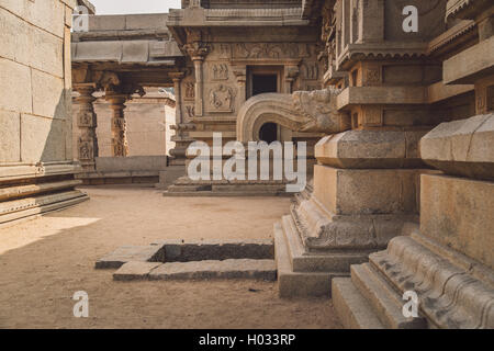 HAMPI, INDIA - 30 JANUARY 2015: Ruins of Hampi are a UNESCO World Heritage Site. Post-processed with grain, texture and colour e Stock Photo