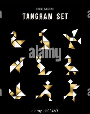 Gold color set of tangram game icons made with geometry shapes, includes animals and people. EPS10 vector. Stock Vector