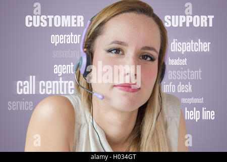 Portrait of attractive blonde woman with headset on violet background with word cloud on it regarding customer support. Stock Photo