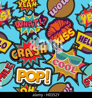 Retro pop art style seamless pattern with vintage comic book sign stitch patches, quotes, and speech text background. EPS10 Stock Vector