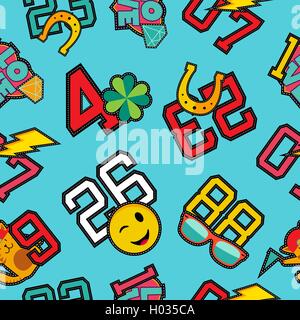 Fun seamless pattern with retro college numbers and pop art stitch patch icons in vibrant colors. EPS10 vector. Stock Vector