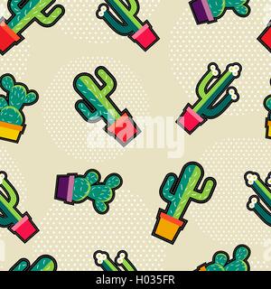 Seamless pattern with stitching patch garden cactus plant icons, green nature cartoon background. EPS10 vector. Stock Vector