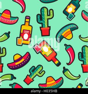 Mexican food seamless pattern with traditional culture icons in stitching patches style, tequila drink, sombrero and hot pepper Stock Vector