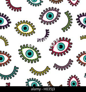 Seamless pattern with vibrant color eye icons in stitching patches style. Modern illustration background. EPS10 vector. Stock Vector